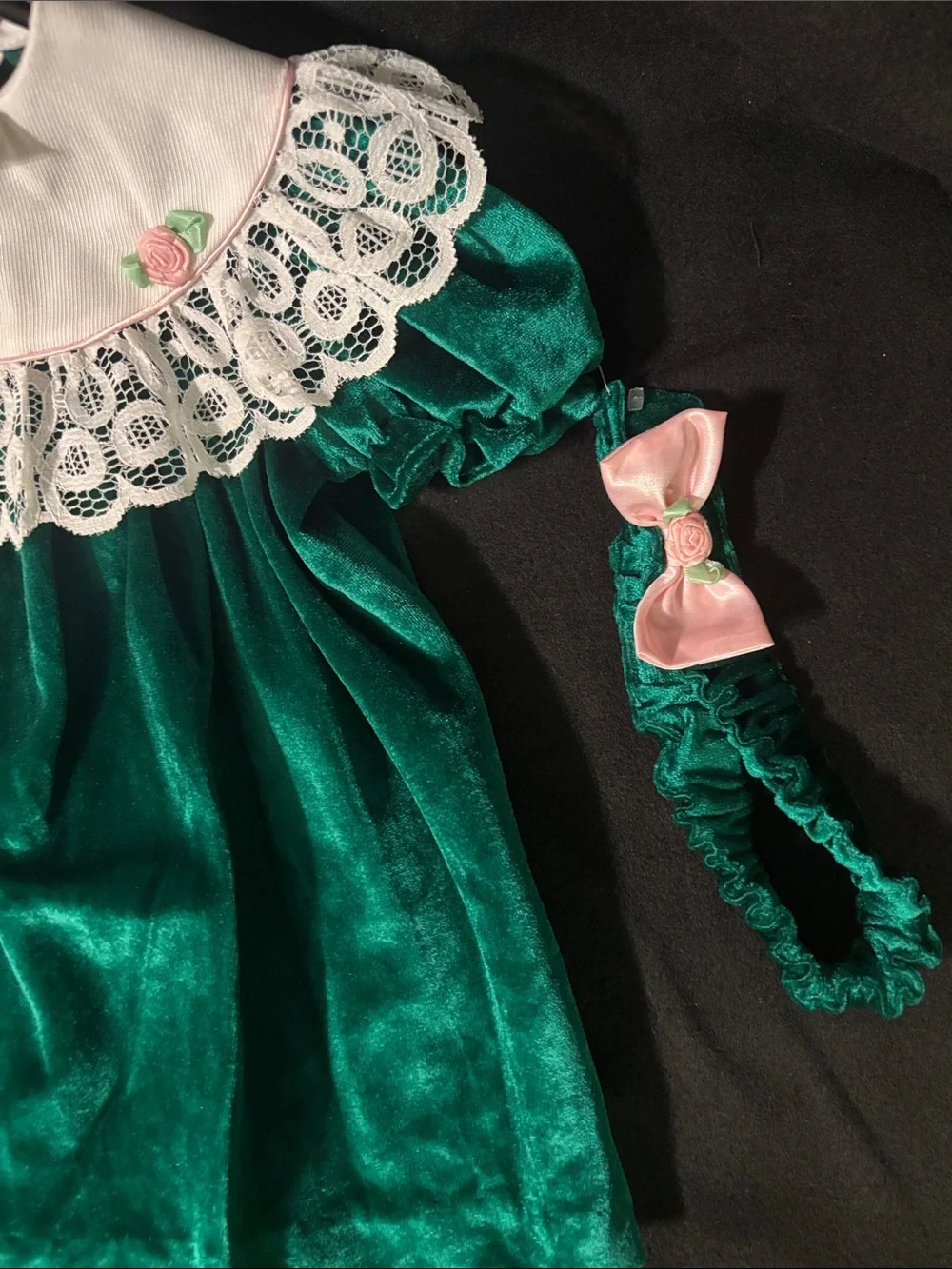 vintage green velvet toddler holiday dress  size 2 with headband